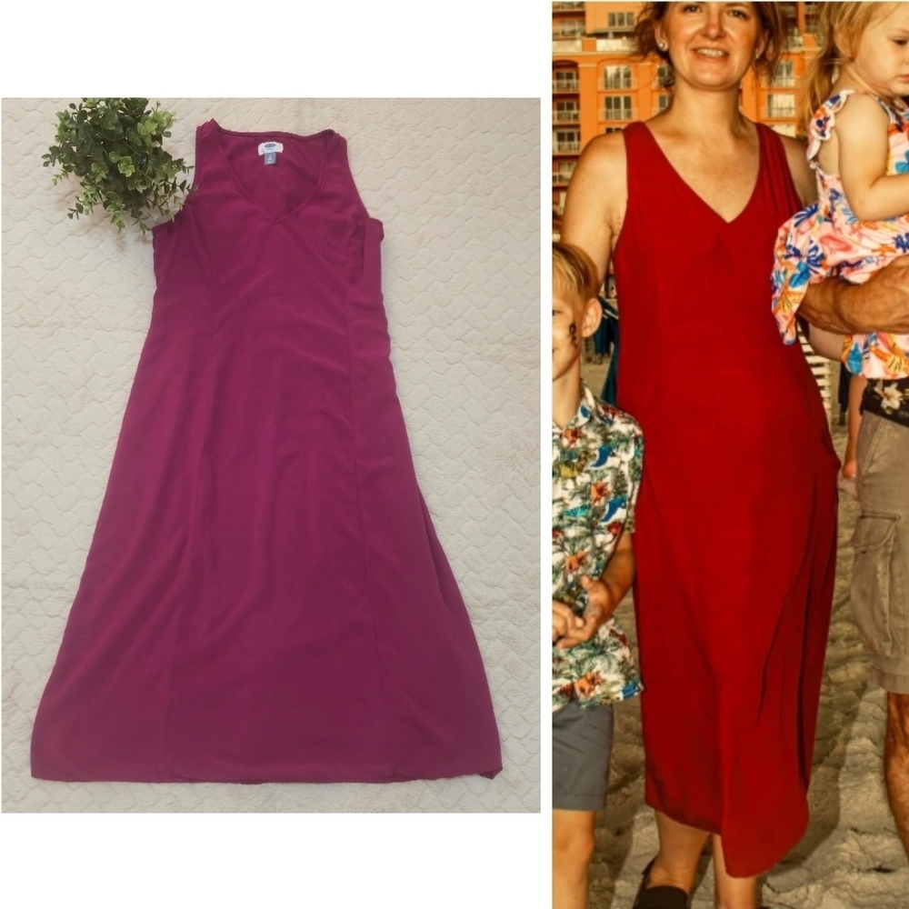 Old Navy Berry V-Neck Sleeveless Shift Midi-Dress, Size Medium Tall
